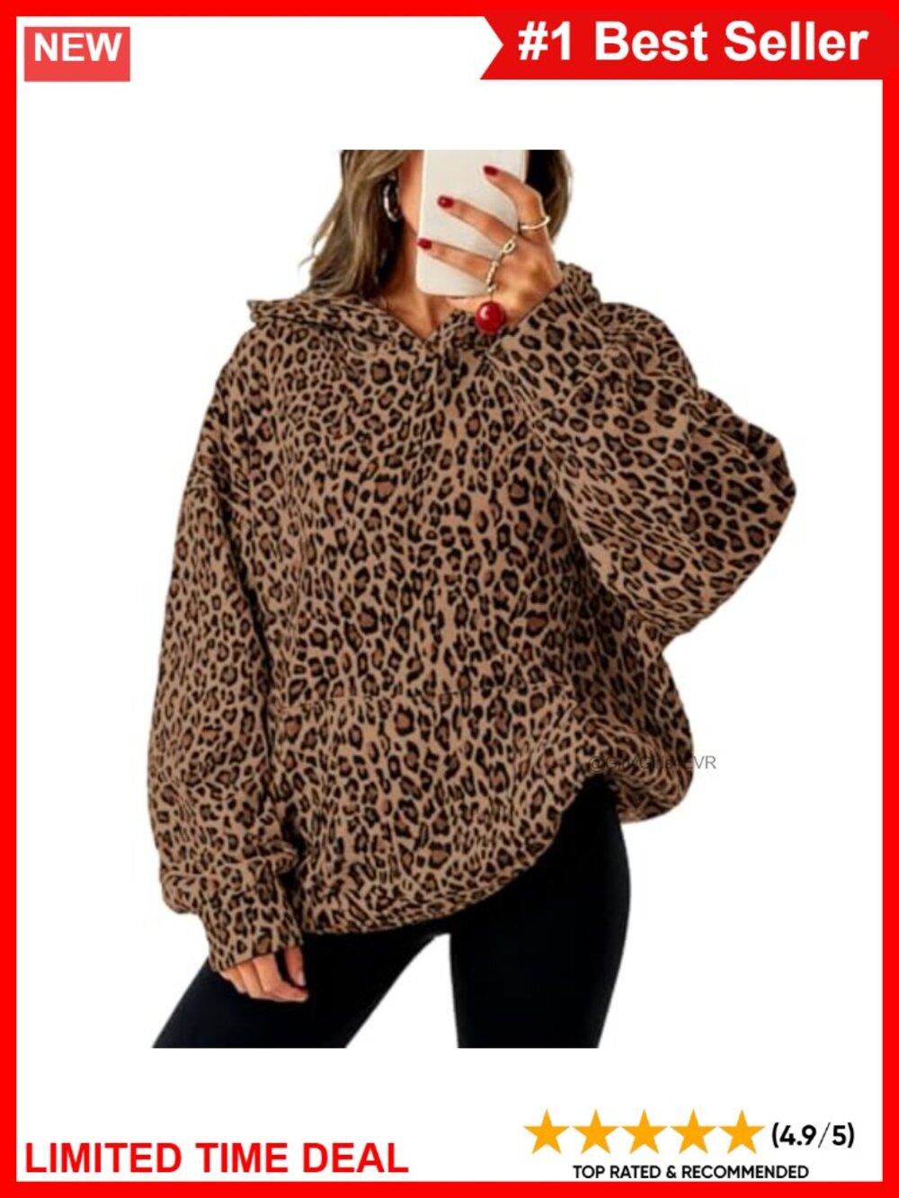 Oversized Fleece Leopard Print Hoodie Pullover Kangaroo Pocket Y2K
